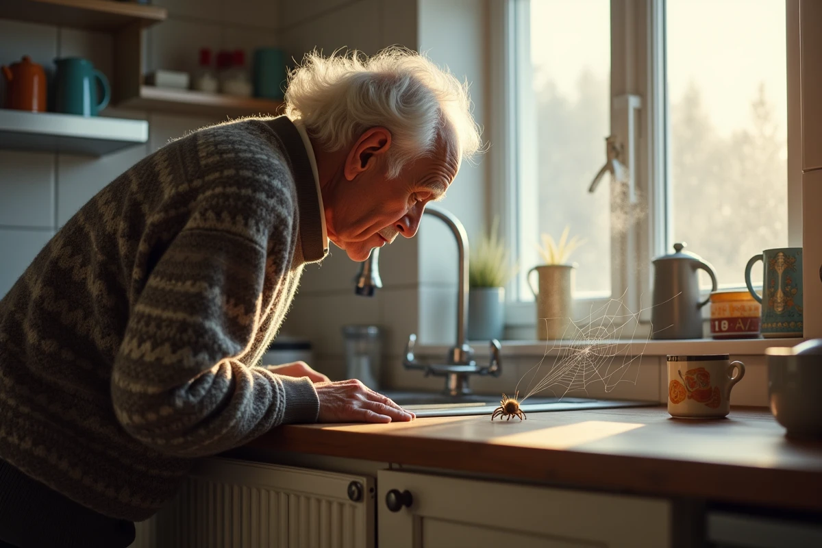 Un homme ageur inspectant une toile d araignee dans la cuisine