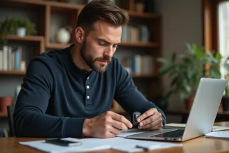 Homme examinant un traceur GPS compact dans un bureau à domicile, entouré de notes et d'un smartphone affichant une carte