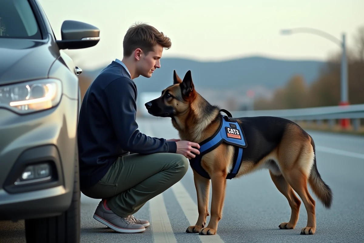 Jeune homme attachant un harnais à son chien près de la voiture