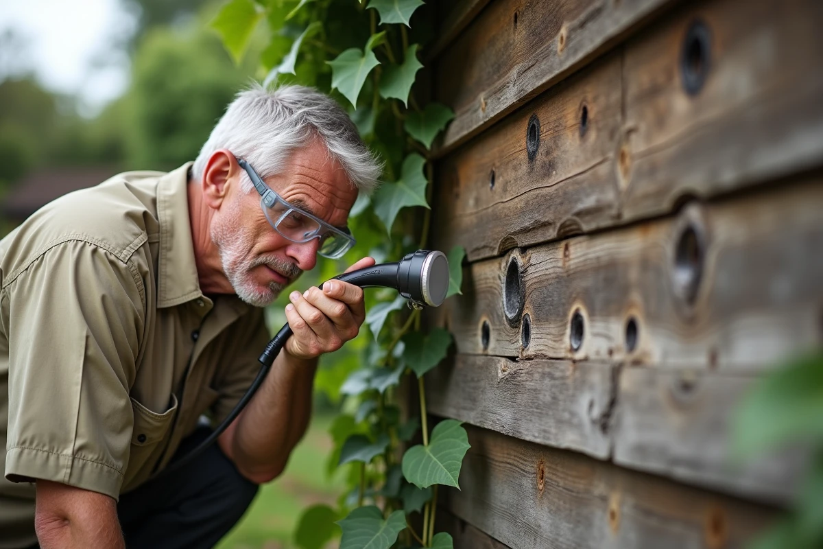 Homme inspectant des trous dans le bois d'un cabanon de jardin causés par un gros insecte noir volant