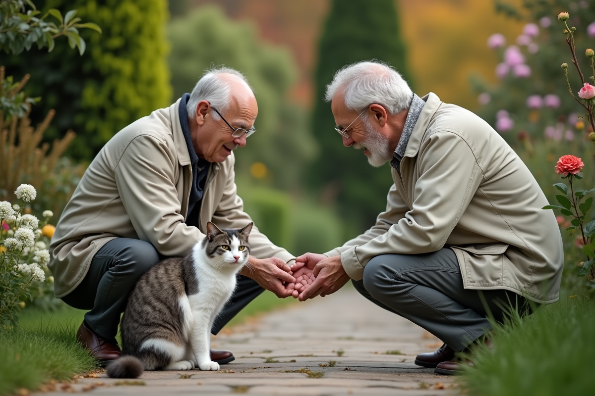 Homme âgé caressant son chat dans un jardin fleuri
