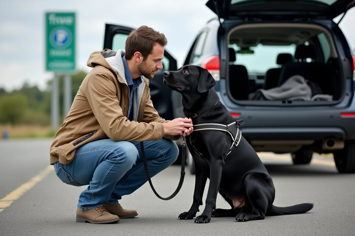Homme attachant le harnais à son labrador en extérieur