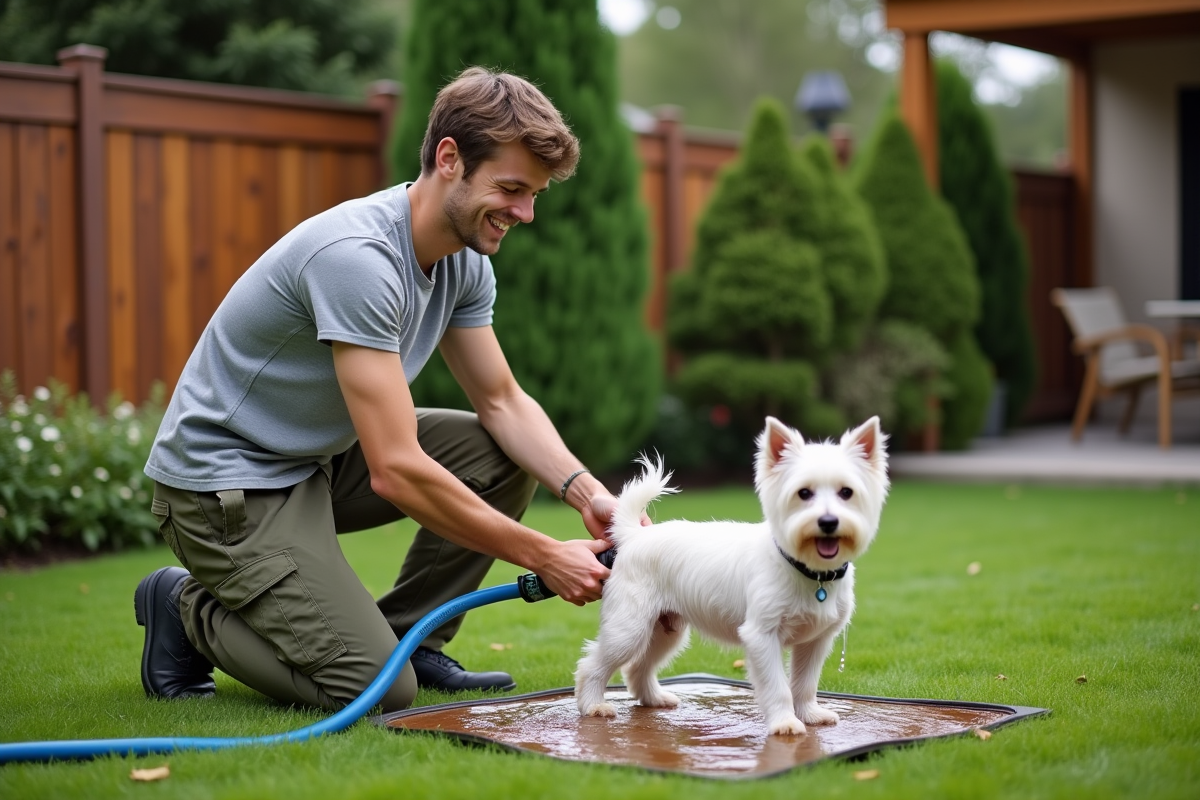 Jeune homme lavant son chien dans le jardin