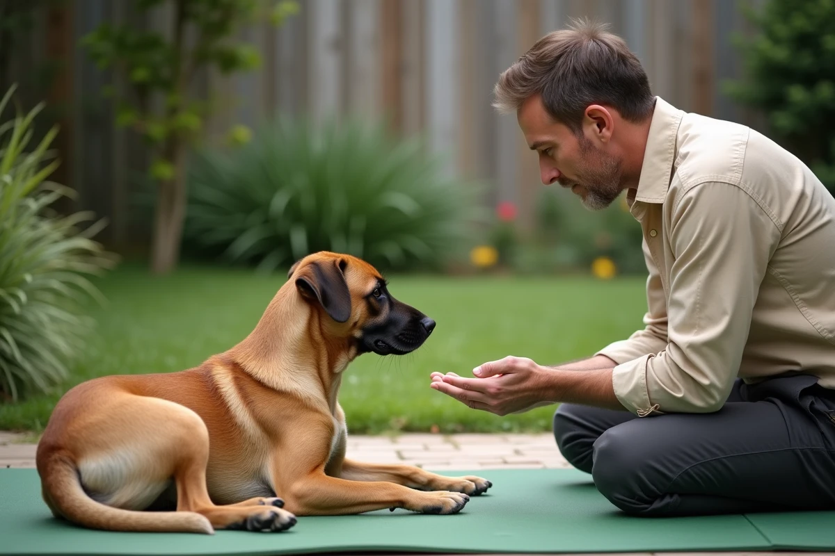 Homme patient tendant la main à un croisé Labrador Malinois réactif couché sur un tapis vert dans un jardin calme