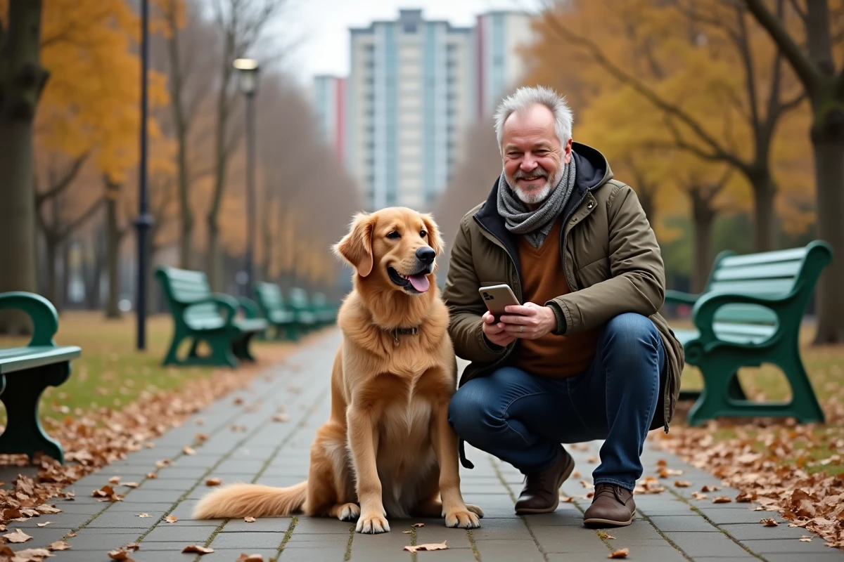 Homme avec retriever dans un parc urbain automnal