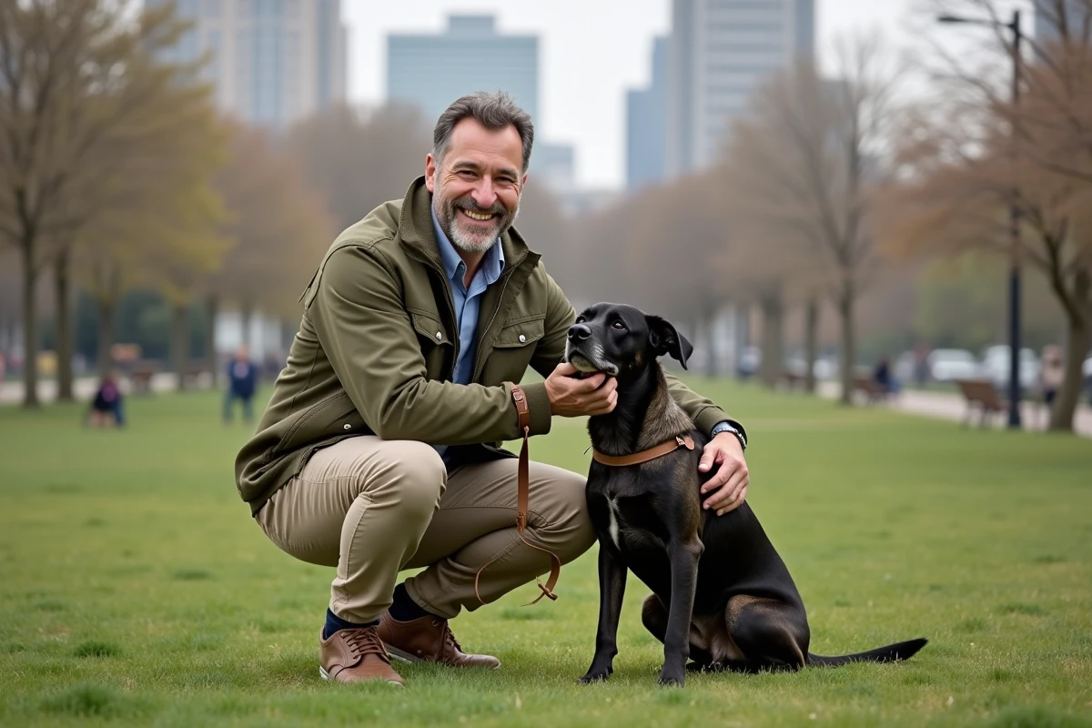 Homme en plein air avec son chien brindle dans un parc