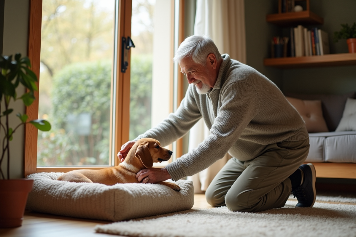 Homme âgé disposant du bicarbonate sous un lit pour chien