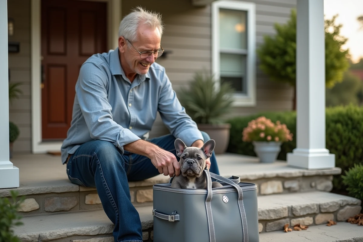 Homme âgé avec chiot bulldog sur sa terrasse en extérieur