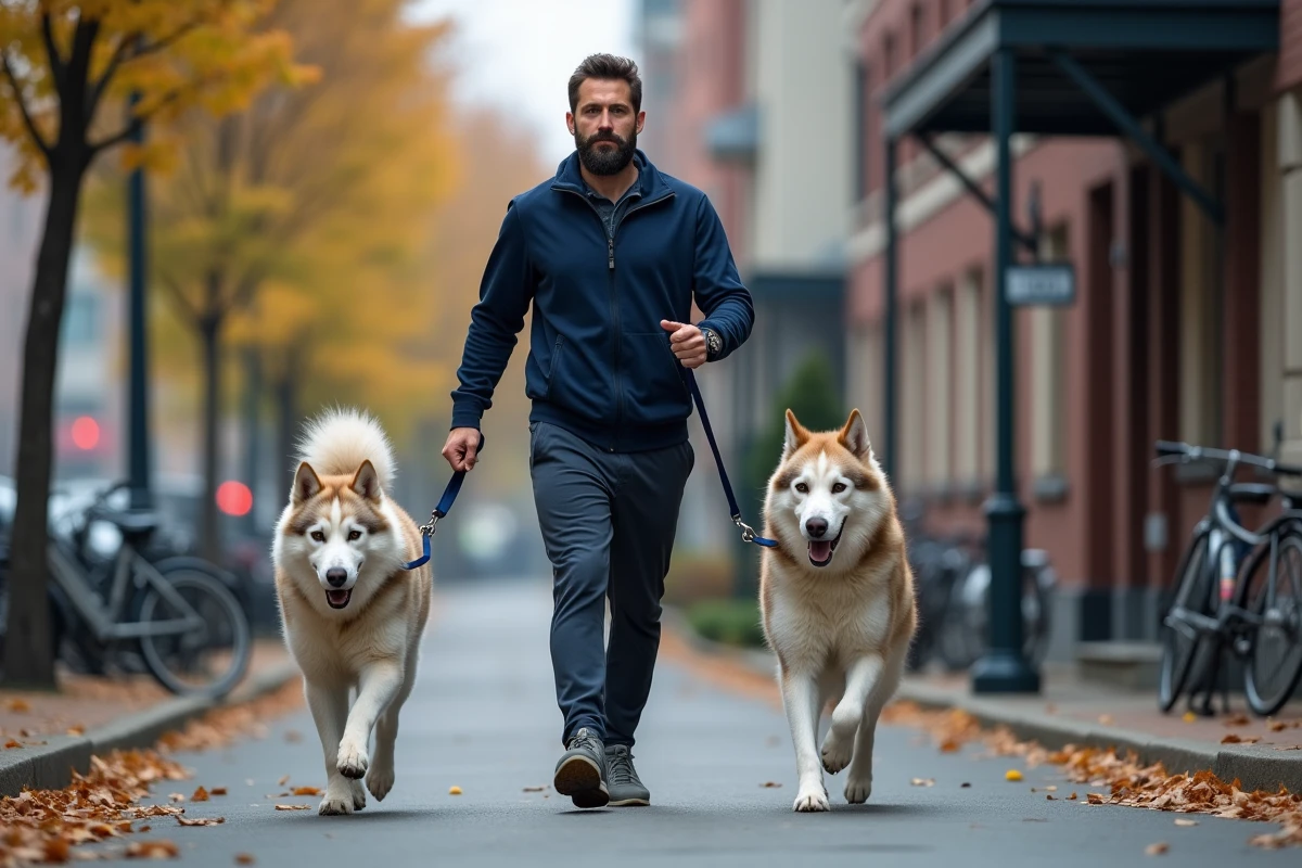 Homme promenant deux huskies de Sibérie en laisse dans une rue urbaine près d'un immeuble d'appartements