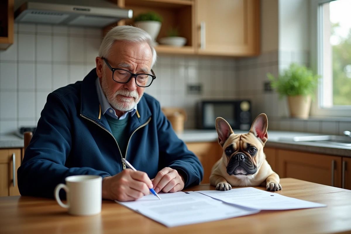 Homme retraité étudiant les documents de mutuelle pour son bouledogue français à la table de cuisine