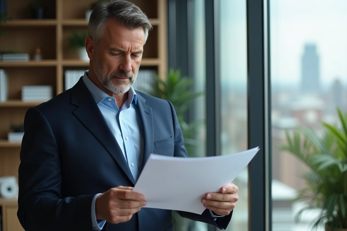 Homme en costume vérifiant des documents GDPR au bureau