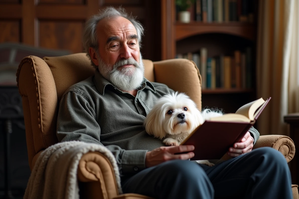 Homme senior lisant un livre avec un bichon frisé poilu sur ses genoux dans un salon chaleureux