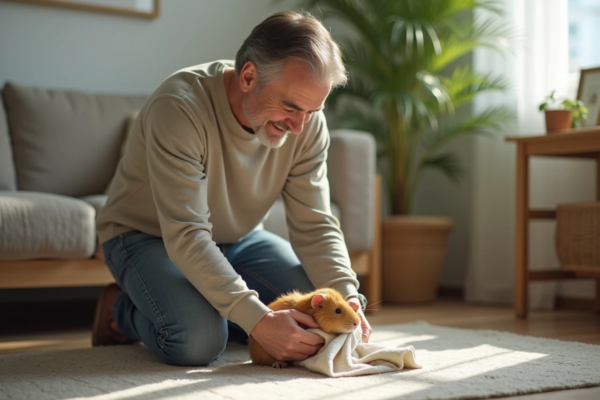 Homme enveloppant un cochon d
