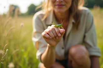Femme observant une sauterelle sur son doigt dans une prairie pour identifier un insecte