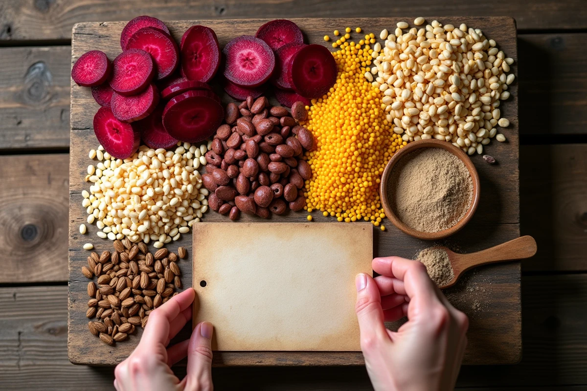 Vue de dessus des ingrédients d'une ration alimentaire complète pour cochon : betteraves, céréales, légumineuses et compléments minéraux sur table en bois