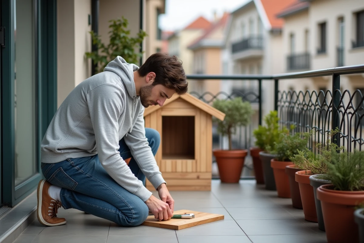 Personne en train d'assembler un abri pour chat sur un balcon urbain sans outils complexes ni travaux