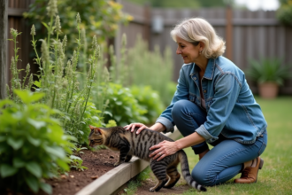 Femme et chat dans un jardin luxuriant et paisible