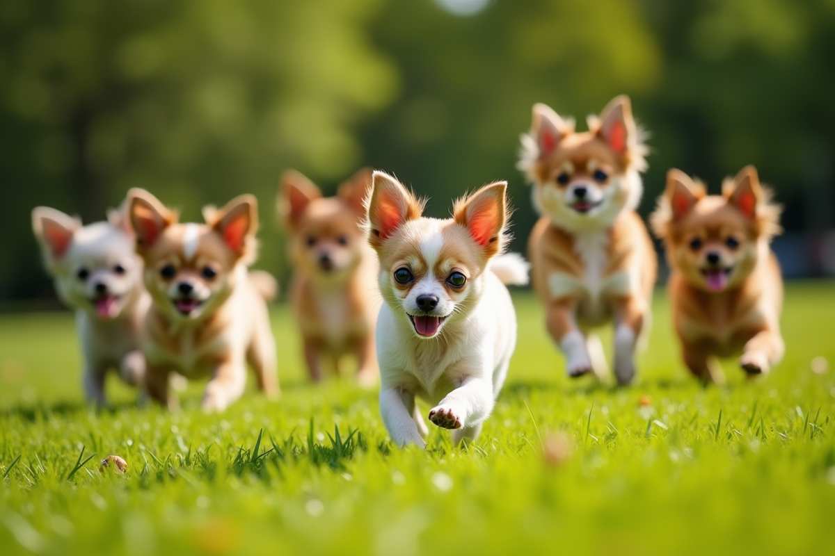 Chihuahua papillon jouant dans un parc vert en plein soleil