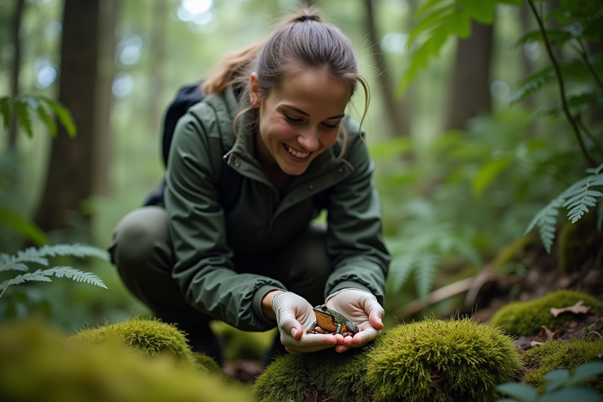 Jeune femme conservationniste tenant un petit grenouille dans la forêt