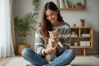 Jeune femme avec chaton dans un intérieur chaleureux