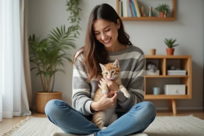Jeune femme avec chaton dans un intérieur chaleureux