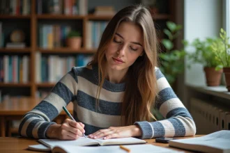 Jeune femme concentrée écrivant des noms d'animaux avec I