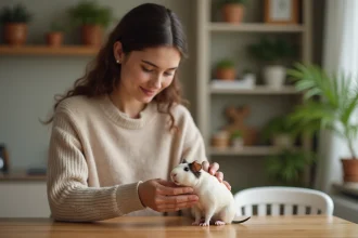 Jeune femme appliquant une creme sur un cochon d'inde