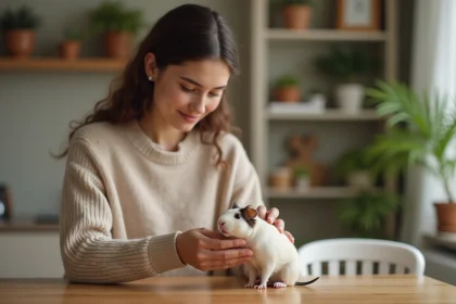 Jeune femme appliquant une creme sur un cochon d'inde