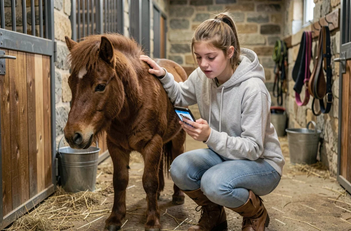 Jeune fille comparant une annonce de vente de poney nain sur smartphone dans une écurie