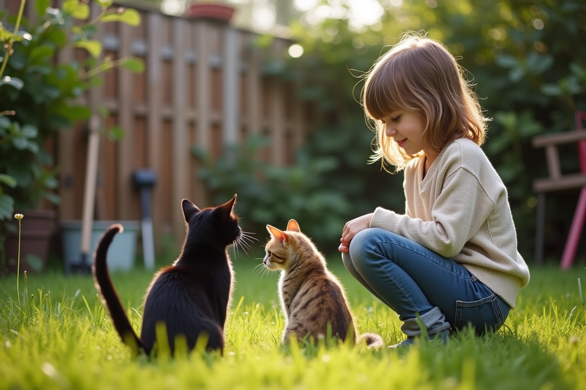 Jeune fille observant deux chats dans un jardin verdoyant