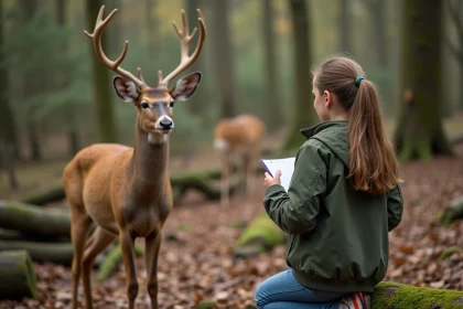 Jeune fille curieuse observe des cerfs en forêt automnale
