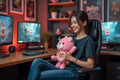 Jeune adulte souriant avec plush pioute rose devant un bureau gaming