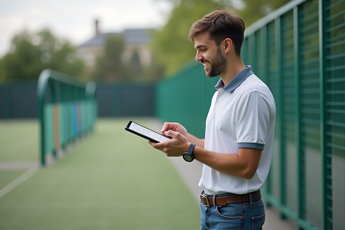Jeune homme souriant consulte une liste de prix sur tablette