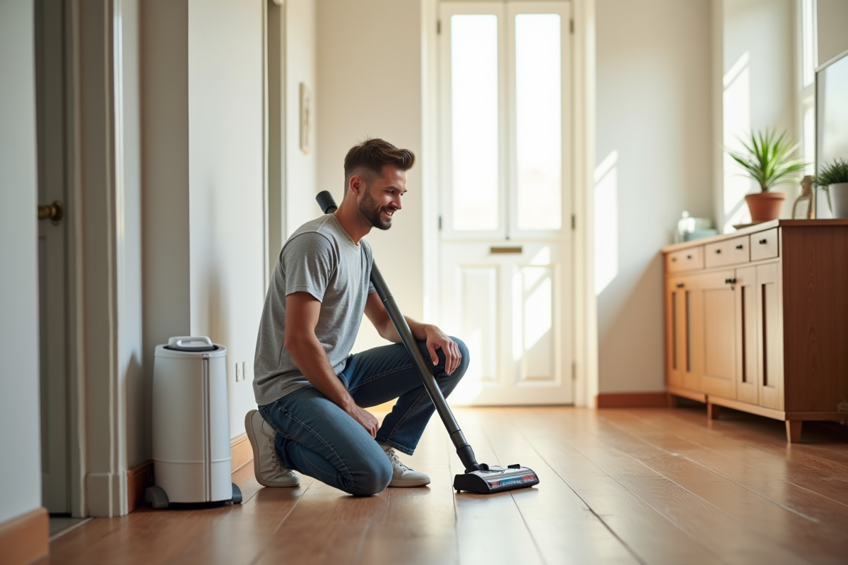 Jeune homme avec aspirateur dans un couloir lumineux