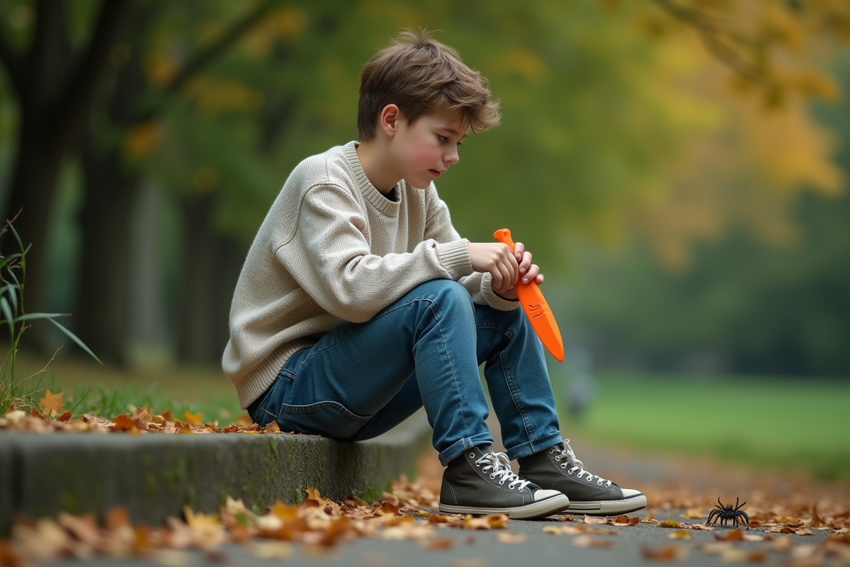 Jeune homme surpris regardant une araignee avec un jouet en plastique