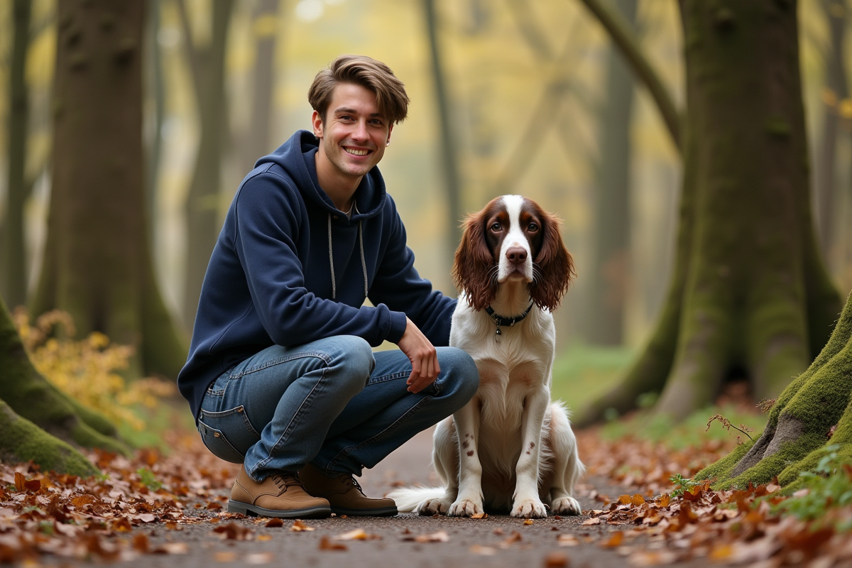 Jeune homme en jeans avec chien springer dans la forêt