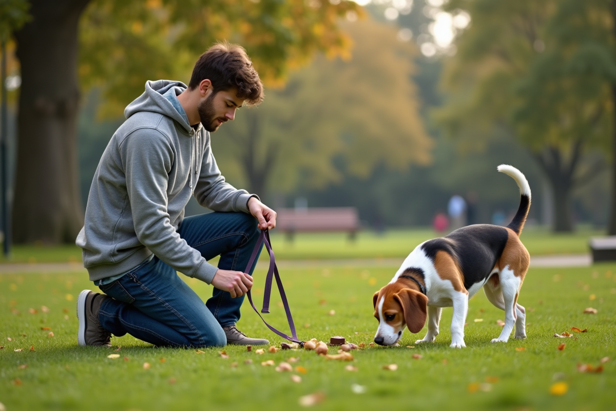 Jeune homme avec son chien dans un parc vert