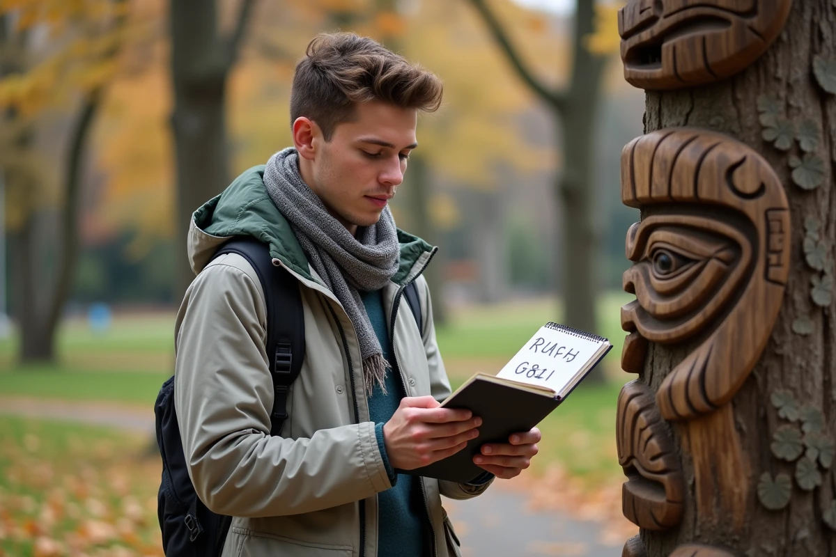 Jeune homme contemplant totem en parc automnal