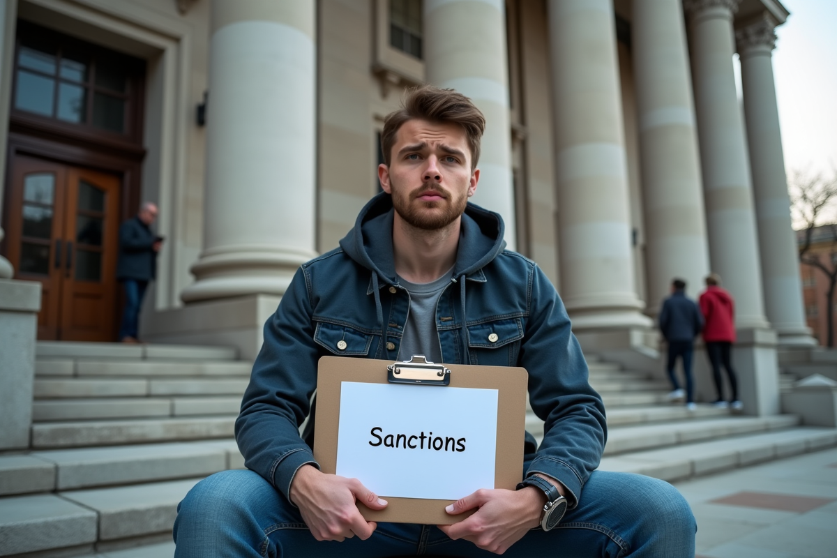 Jeune homme avec dossier devant un tribunal