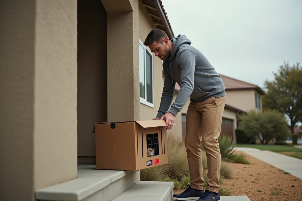 Jeune homme dépose boîte avec chat devant maison californienne