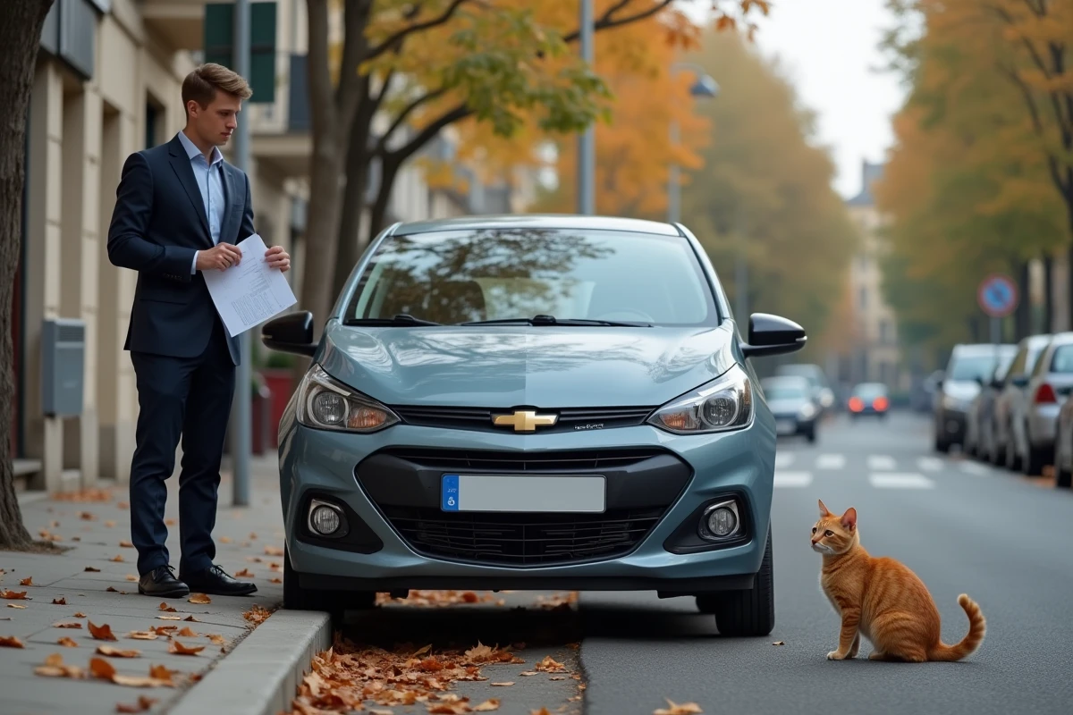 Jeune homme avec voiture endommagée et chat sur le trottoir