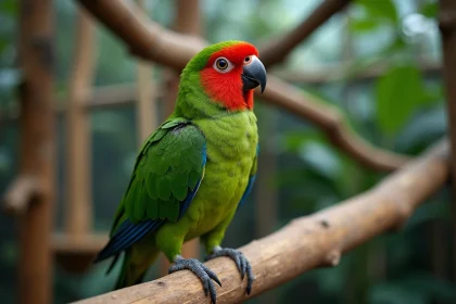 Kakariki à front rouge perché sur une branche naturelle, tête inclinée avec une expression alerte et curieuse en volière intérieure