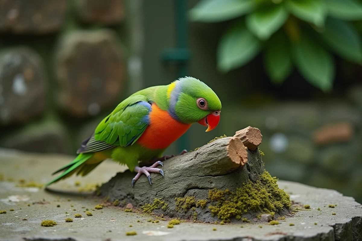 Kakariki fouillant activement un tronc moussu en volière extérieure, en posture d'exploration et de communication comportementale