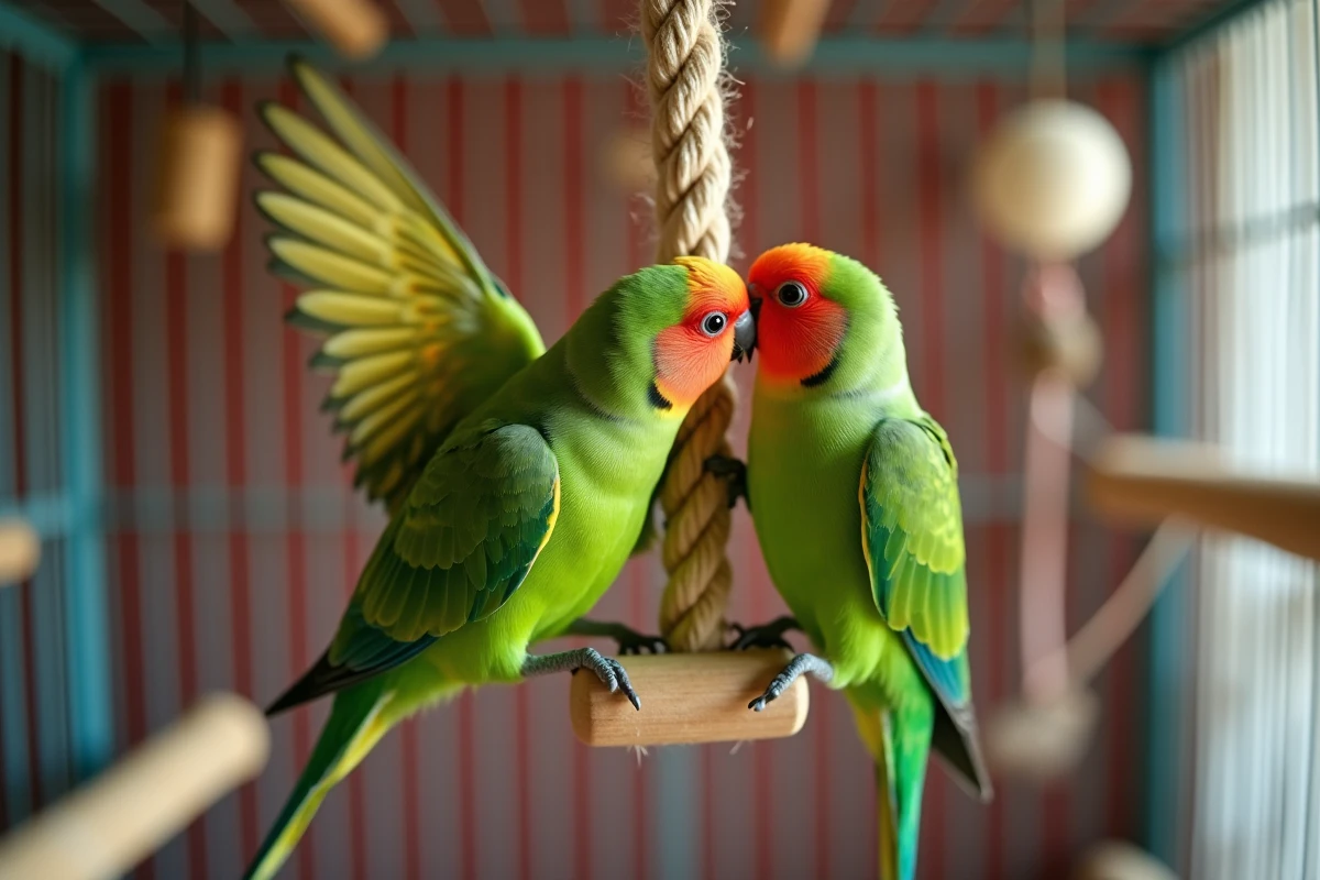 Deux kakarikis jouant ensemble sur un jouet en corde, l'un suspendu la tête en bas dans une cage enrichie en environnement