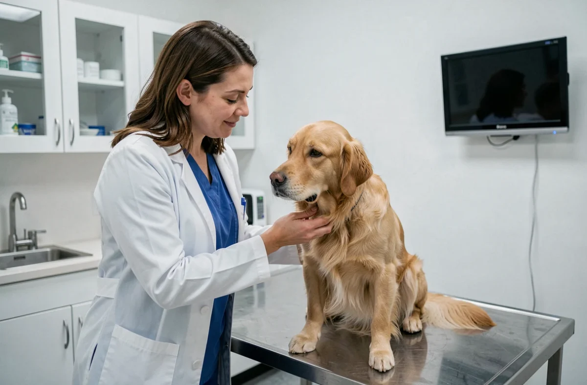 Vétérinaire examinant un golden retriever dans la salle de consultation de La Capside, clinique vétérinaire