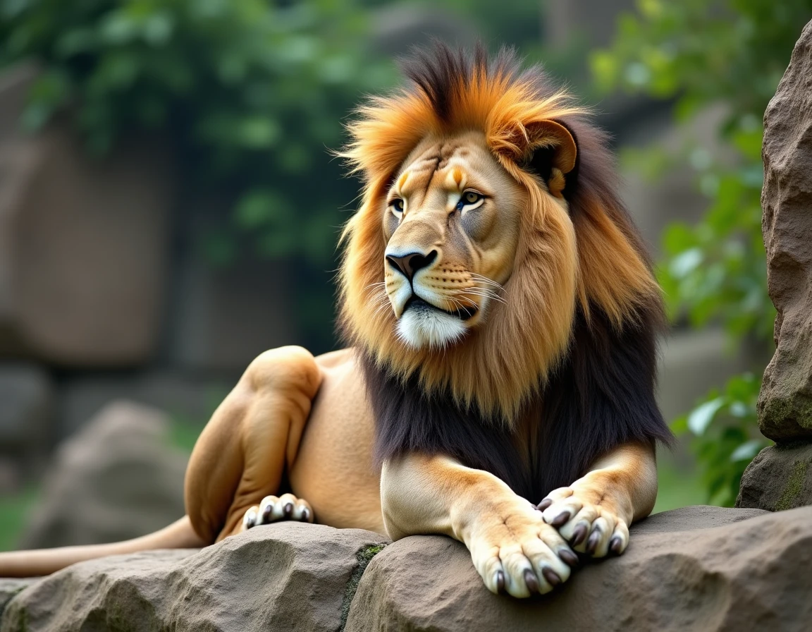 Lion mâle au repos sur un rocher dans l'enclos du zoo de La Palmyre, vue rapprochée depuis l'allée visiteurs