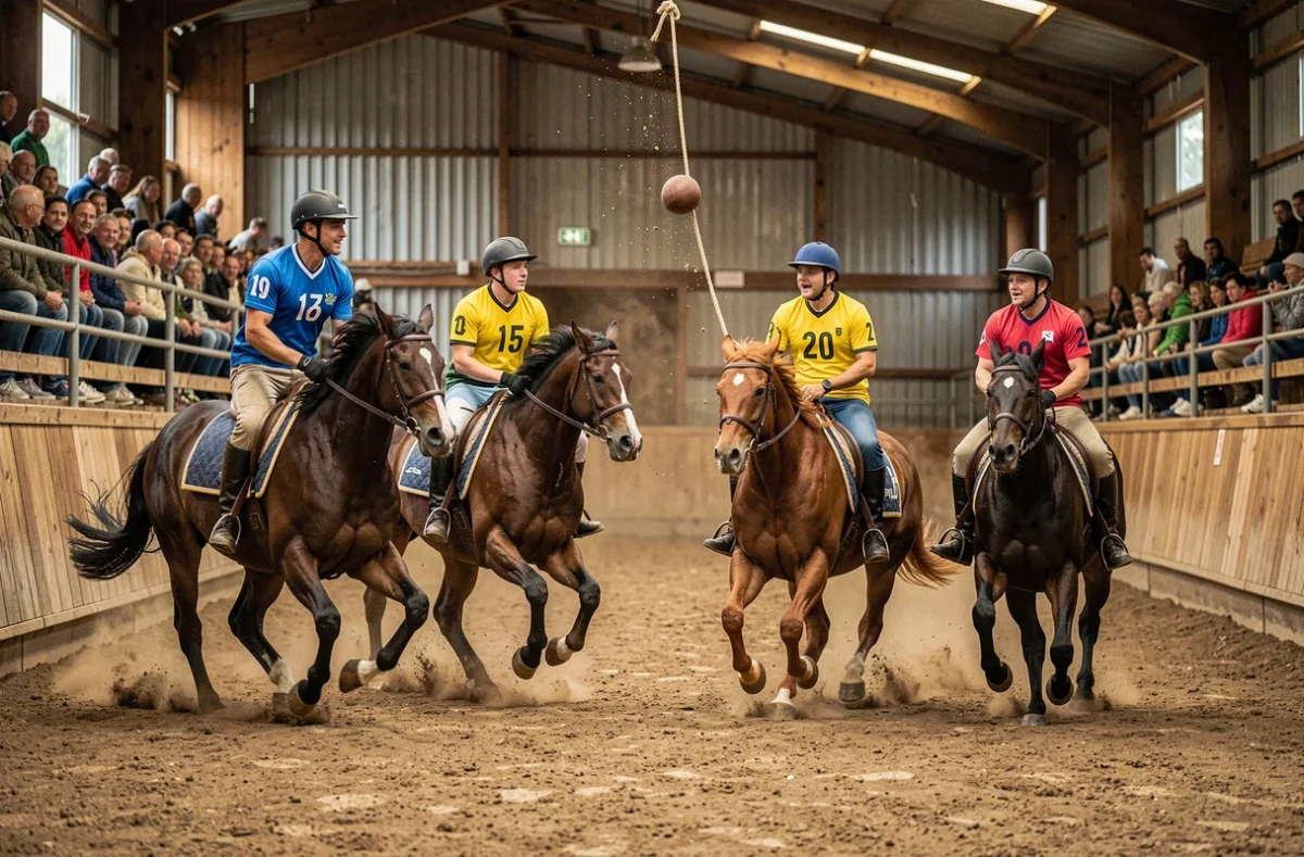 Match de horse-ball animé à Loire Sur Rhône avec cavaliers en maillots colorés et chevaux au galop dans l'arène
