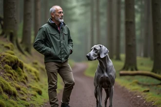 Homme avec chien weimaraner en forêt calme