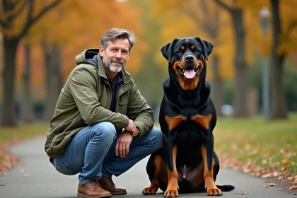 Homme responsable avec son Rottweiler bien dressé dans un parc urbain en automne