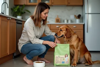 Maîtresse lisant attentivement l'étiquette nutritionnelle d'une marque experte de croquettes pour chien dans une cuisine moderne